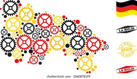Repair workshop La Rioja of Spain map collage and seals. Vector collage is formed from workshop items in different sizes, and German flag official colors - red, yellow, black.