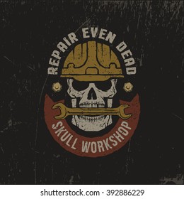 Repair workshop logo in a grunge style. Skull in helmet with wrench and banner. Textures on separate layers - easily editable.