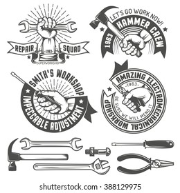 Repair workshop logo with hands and tools in vintage style. Text on a separate layer - easy to replace.