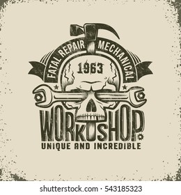 Repair Workshop Logo in Retro Style - Skull with Spanner and a Hammer. Textures and background on separate layers, can be disabled, easy to edit.