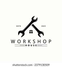 Logotipo del taller de reparación, clave simple y diseño de engranajes para una empresa sencilla de reparación de vehículos, ilustración de la plantilla de vectores