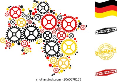 Repair workshop Lower Saxony Land map collage and seals. Vector collage is composed with cog icons in various sizes, and Germany flag official colors - red, yellow, black.