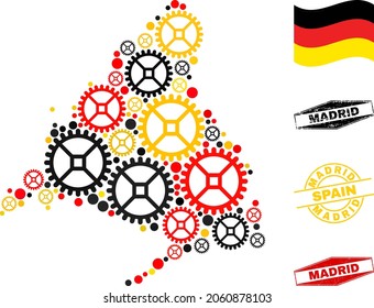 Repair workshop Madrid Province map composition and seals. Vector collage is designed with clock gear items in variable sizes, and Germany flag official colors - red, yellow, black.