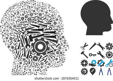 Repair workshop man head collage of tools. Vector man head is constructed of gears, wrenches, and other tools, and based on man head icon. Concept of tuning workshop.