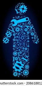 Repair workshop man person collage of tools on a dark blue gradient background. Vector man person is made of blue gear wheels, wrenches, and other tools, and based on man person icon.