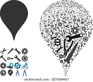 Repair workshop map marker composition of service tools. Vector map marker is shaped of gear wheels, spanners, and other tools, and based on map marker icon. Abstraction of tuning service.