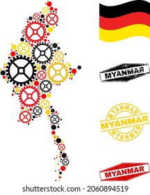 Taller de reparación Collage de mapas de Myanmar y sellos. Collage vectorial creado de elementos de taller de reparación en diferentes tamaños, y los colores oficiales de la bandera alemana - rojo, amarillo, negro.