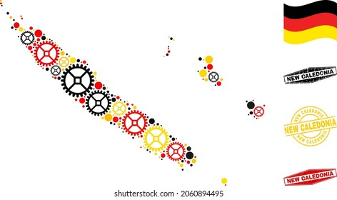 Repair workshop New Caledonia Islands map composition and seals. Vector collage is created from repair workshop elements in different sizes, and Germany flag official colors - red, yellow, black.