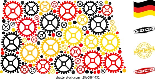 Repair workshop North Dakota State map collage and seals. Vector collage is designed with repair workshop items in various sizes, and German flag official colors - red, yellow, black.