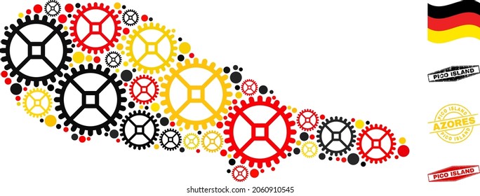 Repair workshop Pico Island map composition and stamps. Vector collage is designed with repair workshop items in different sizes, and Germany flag official colors - red, yellow, black.