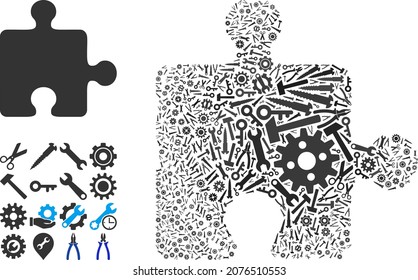 Reparatur Workshop Puzzle Plugin Mosaik von Werkzeugen. Vector Puzzle Plugin ist mit Zahnräder, Wrenches und anderen Tools, und basierend auf Puzzle Plugin Icon getan. Konzept des technischen Unternehmens.