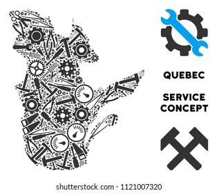 Repair workshop Quebec Province map composition of instruments. Abstract geographic scheme in grey color. Vector Quebec Province map is made of gear wheels, screwdrivers and other machinery icons.