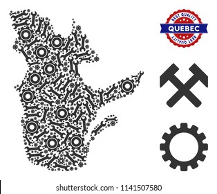 Repair workshop Quebec Province map collage of tools. Abstract territorial scheme in grey color and best quality badge. Vector Quebec Province map is made with gearwheels and wrenches.