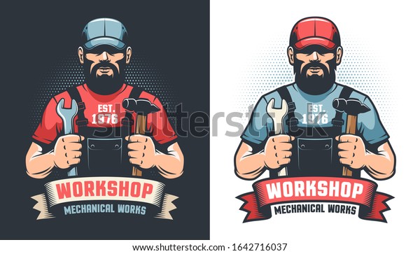 Repair\
workshop retro logo with handyman and tools. Bearded worker\
repairman - vintage emblem. Vector\
illustration.