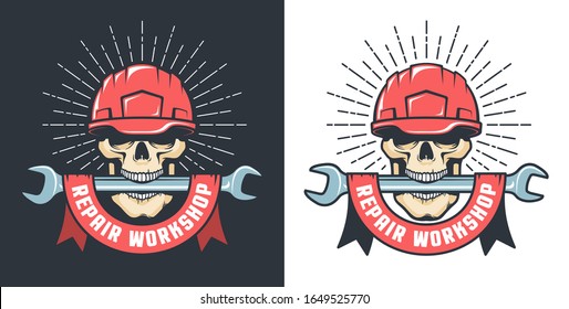 Repair workshop retro logo with skull in hardhat and wrench. Skeleton worker - vintage emblem. vector illustration.