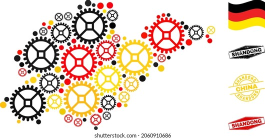 Repair workshop Shandong Province map collage and seals. Vector collage is designed with workshop elements in variable sizes, and German flag official colors - red, yellow, black.