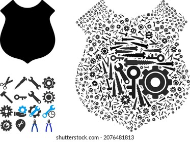 Repair workshop shield composition of tools. Vector shield is formed with cogs, wrenches, and other tools, and based on shield icon. Abstraction of mechanic workshop.
