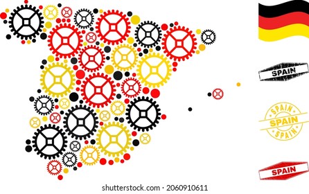 Repair workshop Spain map composition and stamps. Vector collage is created with repair workshop elements in different sizes, and Germany flag official colors - red, yellow, black.