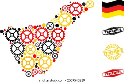 Repair workshop Tenerife map collage and seals. Vector collage is formed of repair workshop items in variable sizes, and German flag official colors - red, yellow, black.