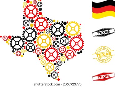 Repair workshop Texas State map collage and seals. Vector collage is composed with service elements in variable sizes, and German flag official colors - red, yellow, black.