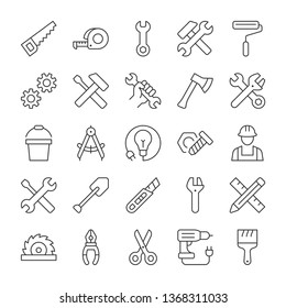 Repair, workshop and tools icons set. Line style