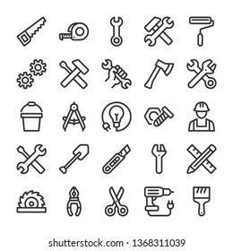 Repair, workshop and tools icons set. Line style