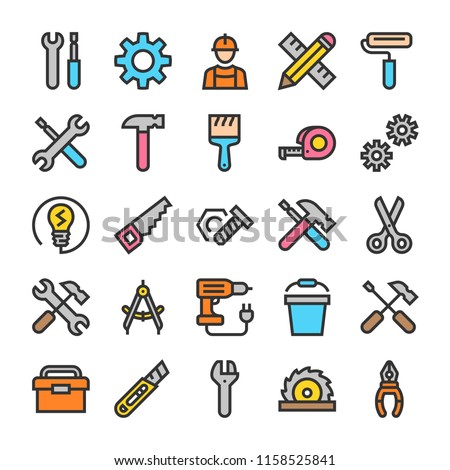 Repair, workshop and tools icons set. Line style