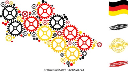 Repair workshop Turkmenistan map collage and stamps. Vector collage is designed of clock gear icons in various sizes, and German flag official colors - red, yellow, black.