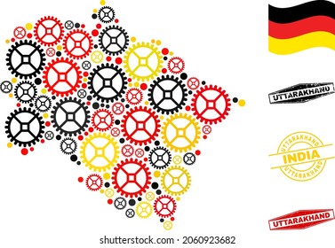 Taller de reparación Composición de mapas y sellos del estado de Uttarakhand. Se crea un collage vectorial de artículos de taller de reparación en varios tamaños, y los colores oficiales de la bandera alemana - rojo, amarillo, negro.