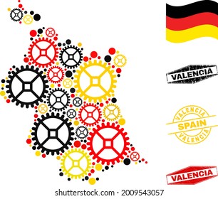 Repair workshop Valencia Province map collage and stamps. Vector collage composed of mechanics elements in different sizes, and Germany flag official colors - red, yellow, black.