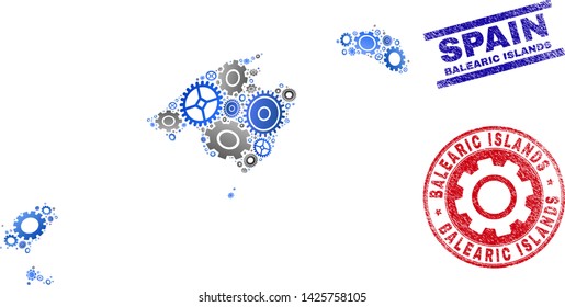 Repair workshop vector Balearic Islands map composition and seals. Abstract Balearic Islands map is organized from gradient scattered cogs. Engineering geographic plan in gray and blue colors,