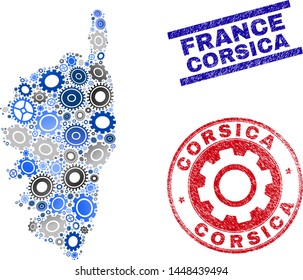 Repair workshop vector Corsica map composition and seals. Abstract Corsica map is created with gradient randomized cogwheels. Engineering territorial plan in gray and blue colors,