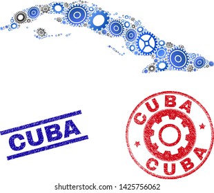 Repair workshop vector Cuba map mosaic and seals. Abstract Cuba map is done of gradient randomized gears. Engineering territorial plan in gray and blue colors,