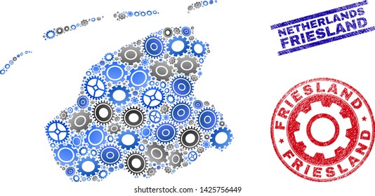 Repair workshop vector Friesland Province map mosaic and stamps. Abstract Friesland Province map is organized of gradient random gearwheels. Engineering territory plan in gray and blue colors,