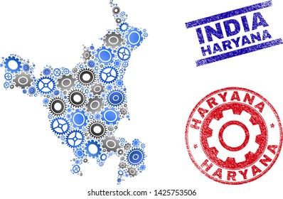 Repair workshop vector Haryana State map mosaic and seals. Abstract Haryana State map is organized with gradient randomized cogwheels. Engineering territory plan in gray and blue colors,