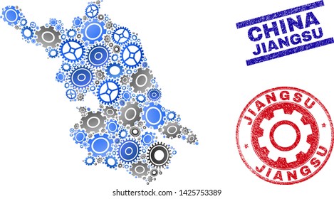 Repair workshop vector Jiangsu Province map mosaic and seals. Abstract Jiangsu Province map is done of gradient scattered gearwheels. Engineering geographic scheme in gray and blue colors,