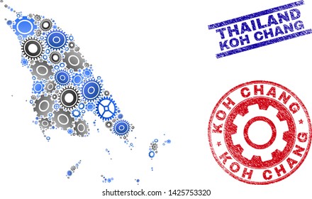 Repair workshop vector Koh Chang map composition and seals. Abstract Koh Chang map is done with gradient scattered gearwheels. Engineering geographic plan in gray and blue colors,