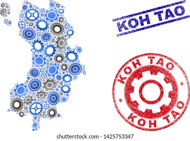 Repair workshop vector Koh Tao map collage and stamps. Abstract Koh Tao map is designed with gradiented scattered gear wheels. Engineering geographic plan in gray and blue colors,