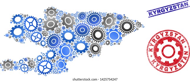 Repair workshop vector Kyrgyzstan map composition and stamps. Abstract Kyrgyzstan map is formed from gradiented random gearwheels. Engineering territory plan in gray and blue colors,