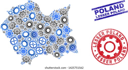 Repair workshop vector Lesser Poland Voivodeship map mosaic and stamps. Abstract Lesser Poland Voivodeship map is formed from gradiented randomized gearwheels.