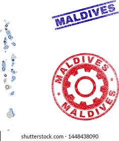 Repair workshop vector Maldives map mosaic and stamps. Abstract Maldives map is done from gradiented scattered cogs. Engineering territory plan in gray and blue colors,