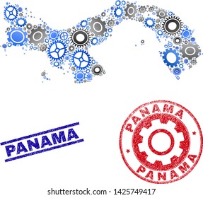 Repair workshop vector Panama map collage and stamps. Abstract Panama map is formed of gradiented randomized cogwheels. Engineering territory plan in gray and blue colors,