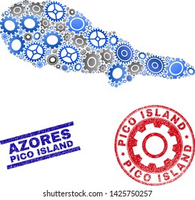 Repair workshop vector Pico Island map mosaic and seals. Abstract Pico Island map is constructed from gradient scattered gears. Engineering territory scheme in gray and blue colors,