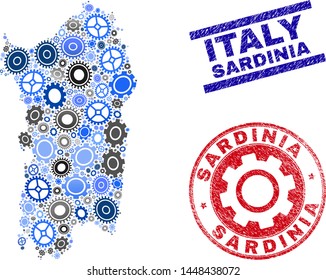 Repair workshop vector Sardinia map composition and seals. Abstract Sardinia map is organized of gradient random gearwheels. Engineering territorial scheme in gray and blue colors,