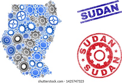 Repair workshop vector Sudan map mosaic and seals. Abstract Sudan map is organized of gradiented randomized cogs. Engineering territorial scheme in gray and blue colors,