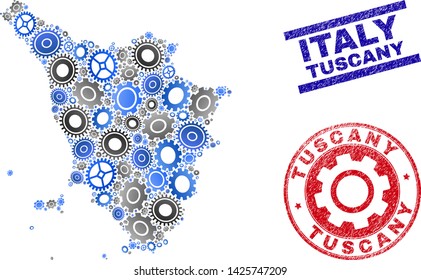Repair workshop vector Tuscany region map mosaic and seals. Abstract Tuscany region map is designed of gradient scattered cogs. Engineering territory plan in gray and blue colors,