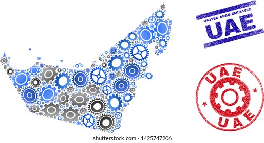 Repair workshop vector United Arab Emirates map mosaic and stamps. Abstract United Arab Emirates map is created of gradiented randomized cogs. Engineering territorial scheme in gray and blue colors,