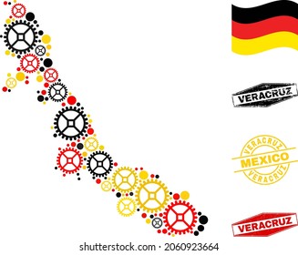 Repair workshop Veracruz State map collage and seals. Vector collage is created with repair workshop elements in various sizes, and Germany flag official colors - red, yellow, black.