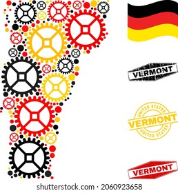 Repair workshop Vermont State map collage and stamps. Vector collage formed with mechanics icons in different sizes, and German flag official colors - red, yellow, black.