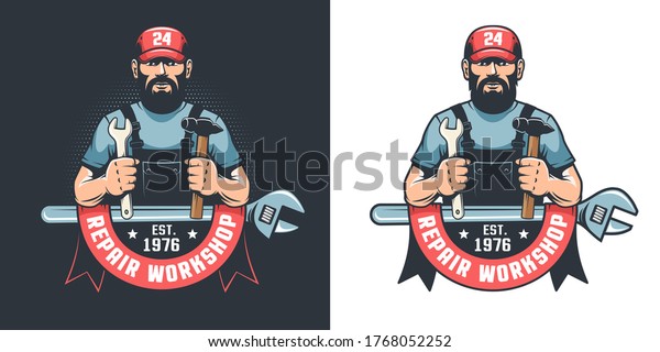Repair workshop vintage logo\
with worker in cap. Repairman servise retro emblem. Vector\
illustration.